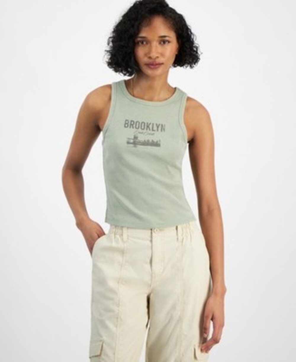 Hippie Rose Juniors High Neck Ribbed Graphic Tank Top Small Green Broo